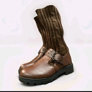 Woman’s Bamboo Sock Boots Knit Faux Leather Tall Or Sort Combat Brown Size 10